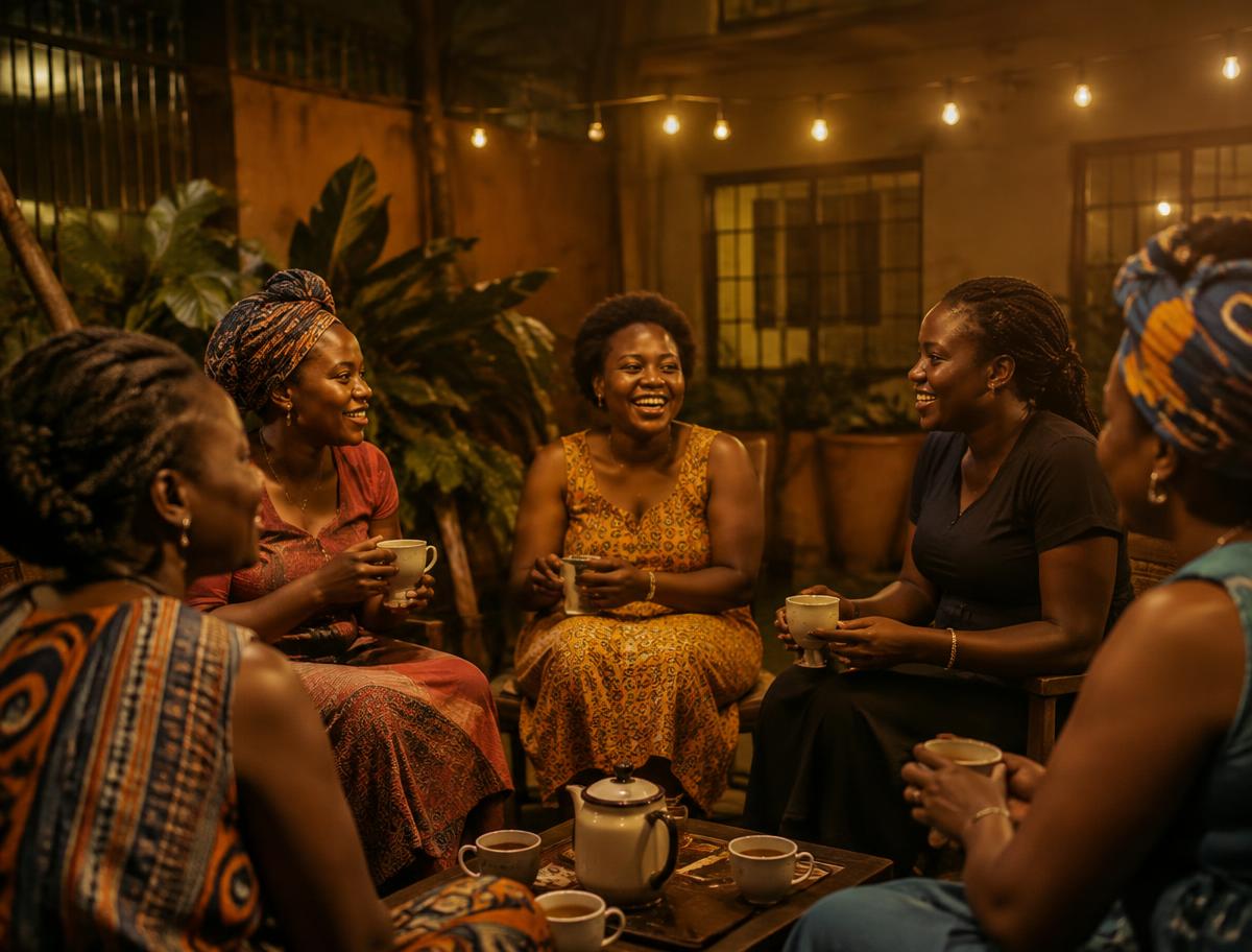Women gathered over tea in an evening courtyard