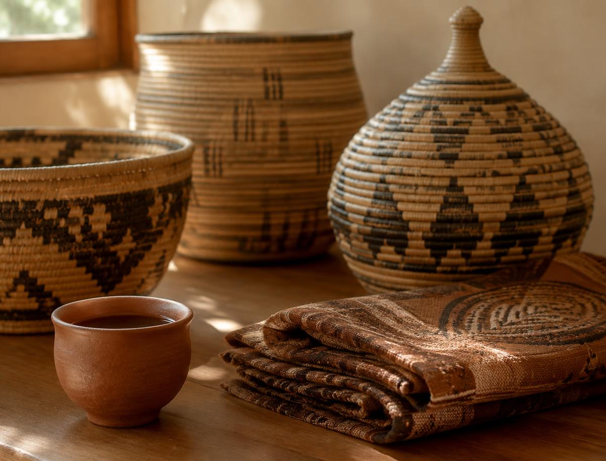 Handwoven baskets and barkcloth on a wooden table
