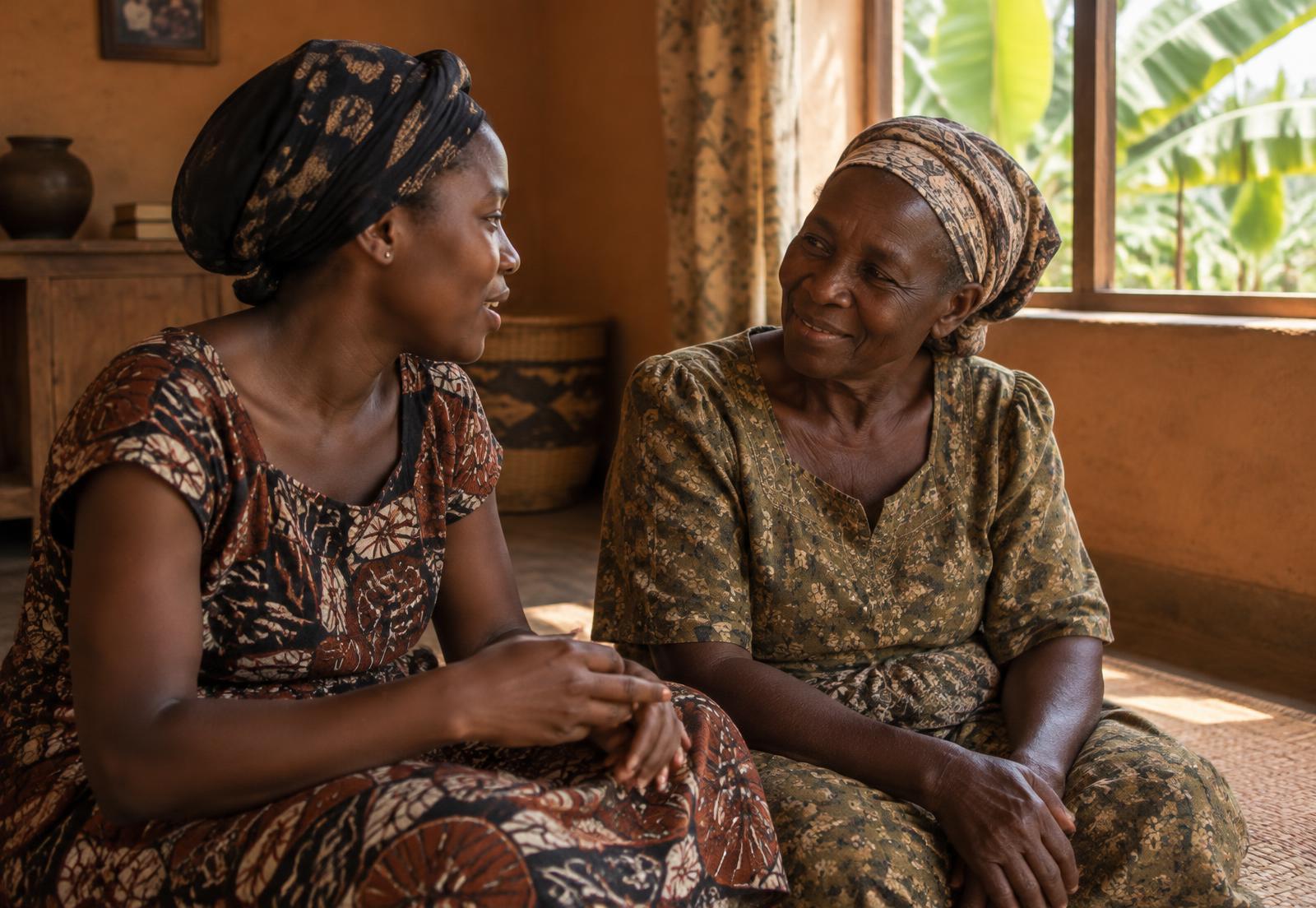 An elder and a younger woman talking warmly at home