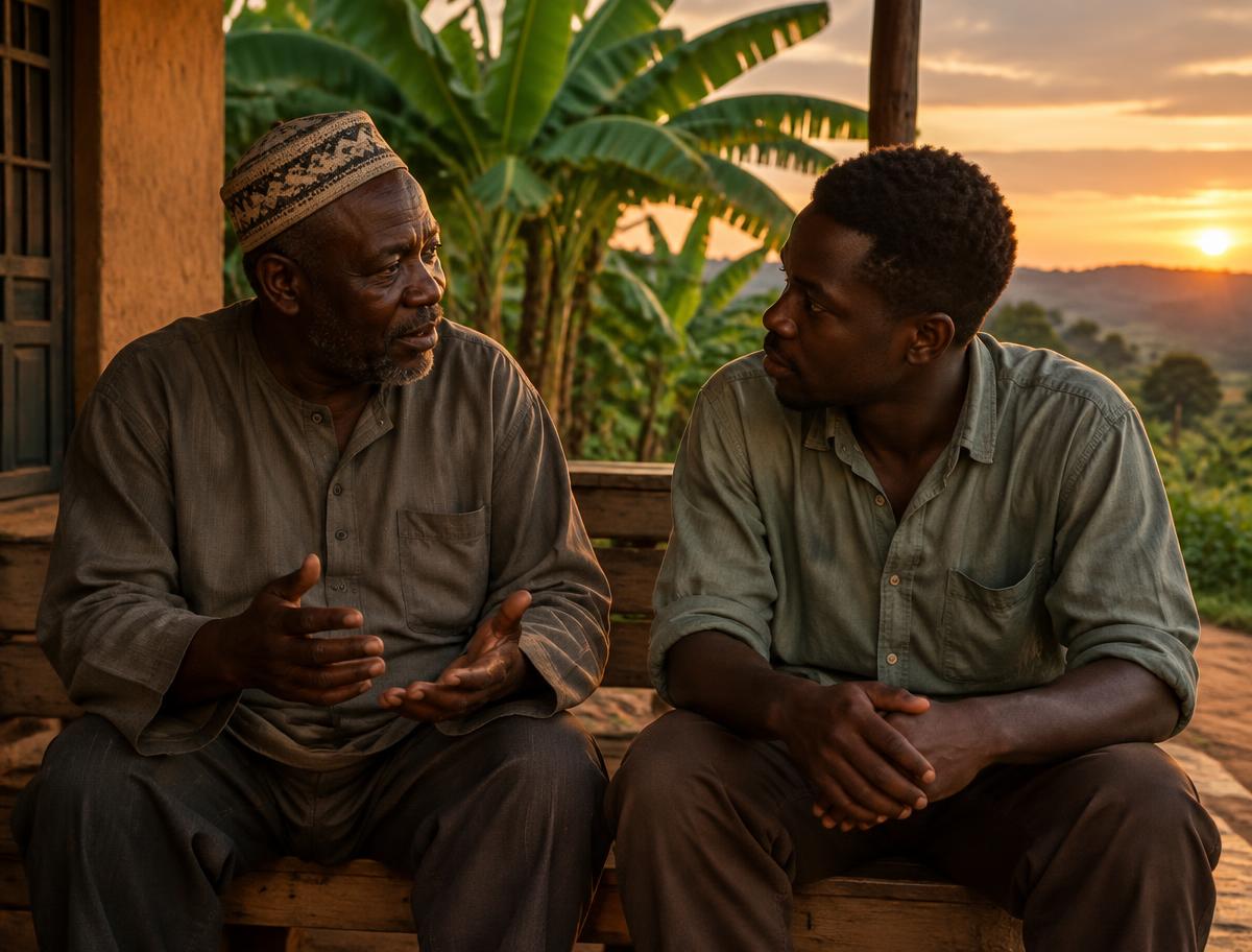 An older man advising a younger man on a veranda